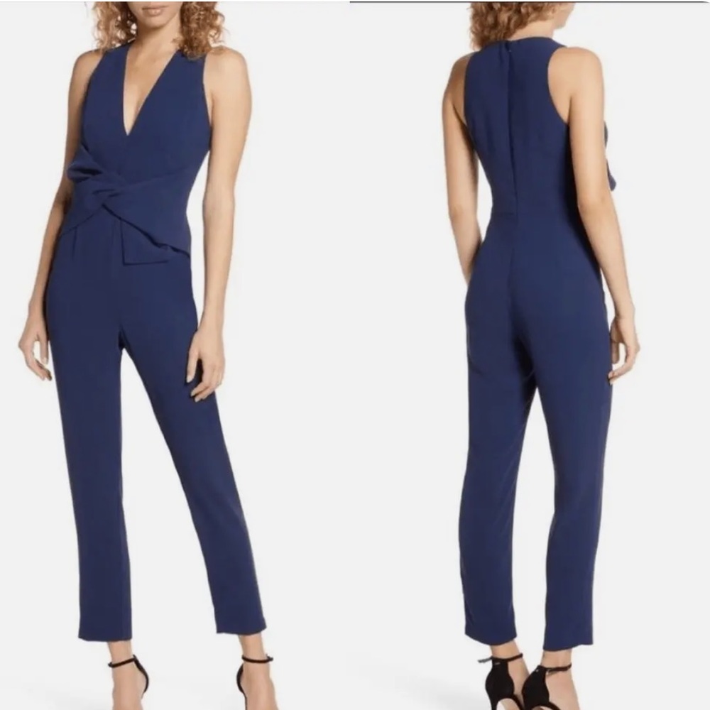 Women's Navy V-Neck Twisted Waist Jumpsuit